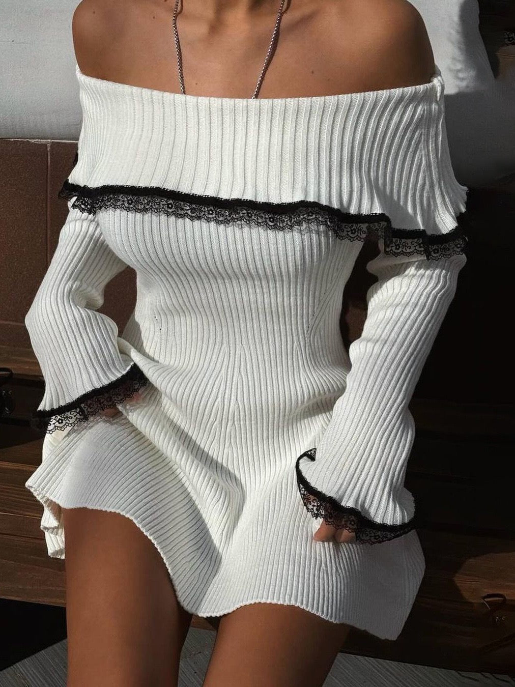 2025-4 Sweet off shoulder knit mini dress with lace trim – pure desire A-line style
