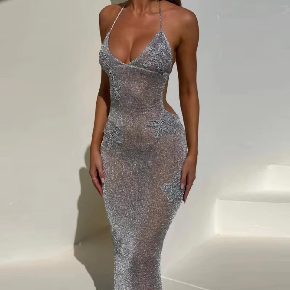20257 Fashion deep v neck spaghetti strap slim evening dress sheer detail