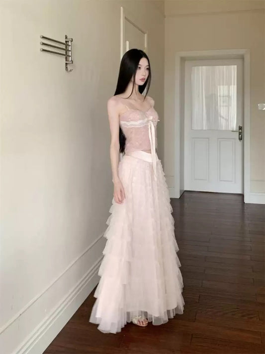 2025-3 Sweet pink layered mesh maxi skirt & corset tube top set – summer high waist outfit