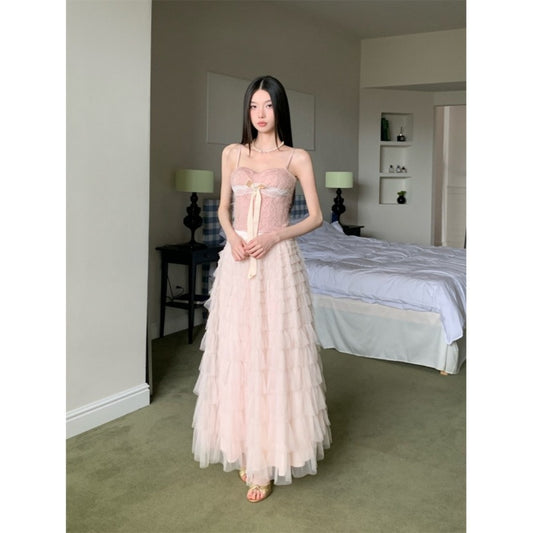 2025-3 Sweet pink layered mesh maxi skirt & corset tube top set – summer high waist outfit