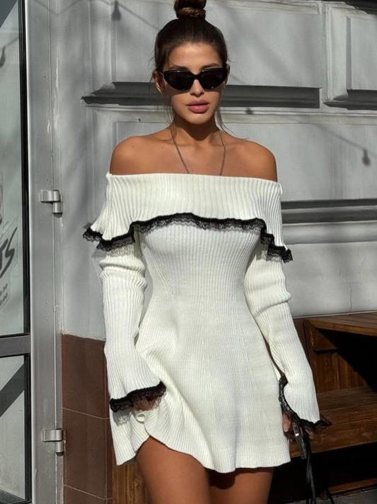2025-4 Sweet off shoulder knit mini dress with lace trim – pure desire A-line style