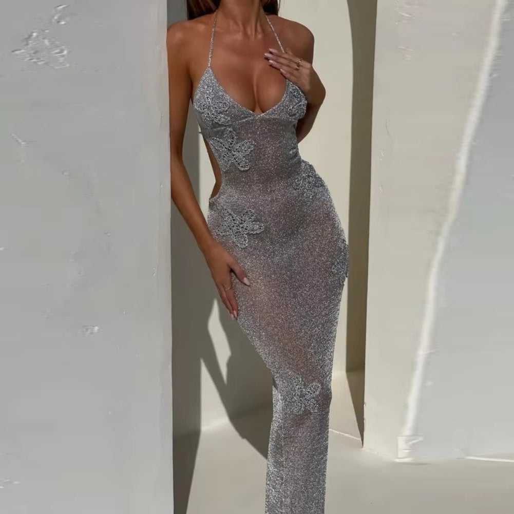 20257 Fashion deep v neck spaghetti strap slim evening dress sheer detail
