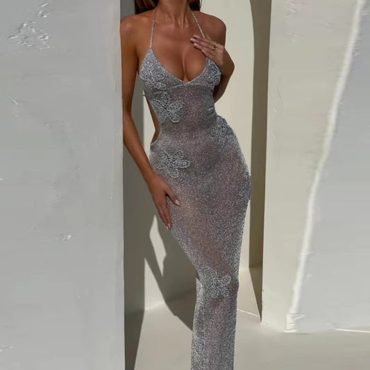 20257 Fashion deep v neck spaghetti strap slim evening dress sheer detail