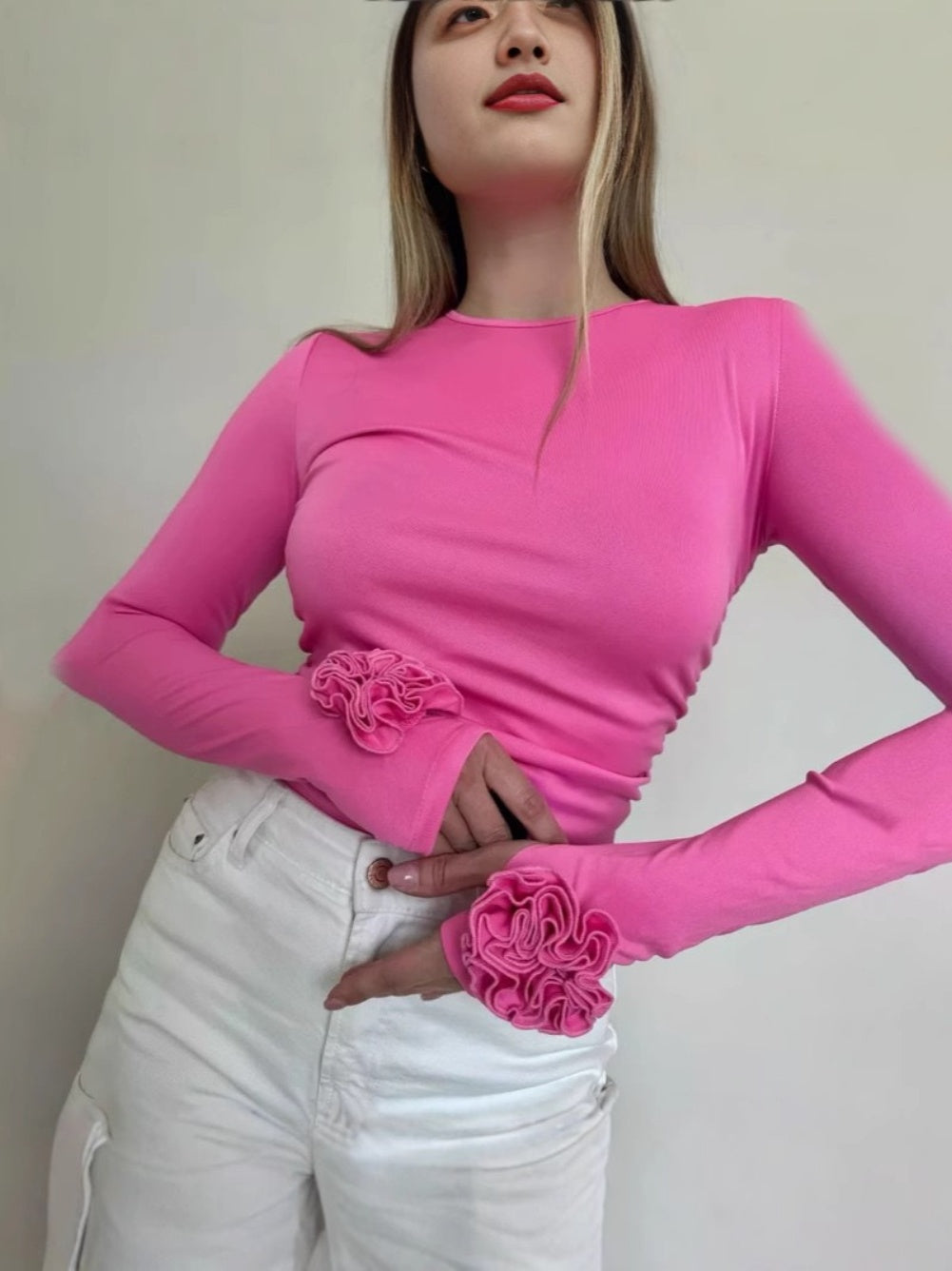 20256 Flower long sleeve slim fit top
