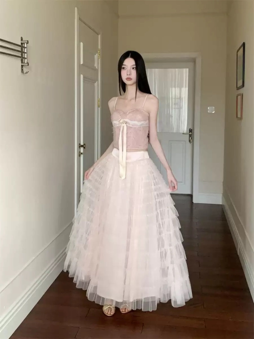 2025-3 Sweet pink layered mesh maxi skirt & corset tube top set – summer high waist outfit