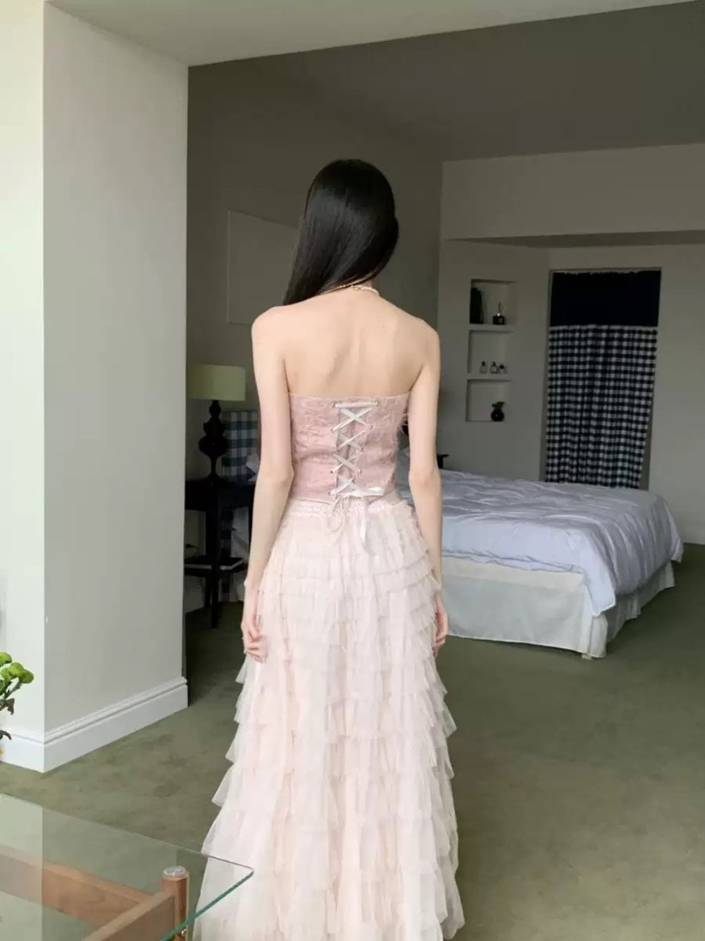 2025-3 Sweet pink layered mesh maxi skirt & corset tube top set – summer high waist outfit